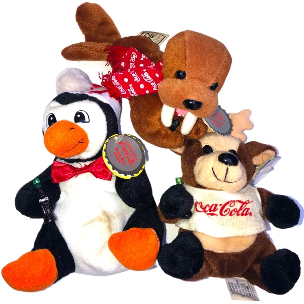 Three Original Coca-Cola Brand Bean Bag Plush With Tags